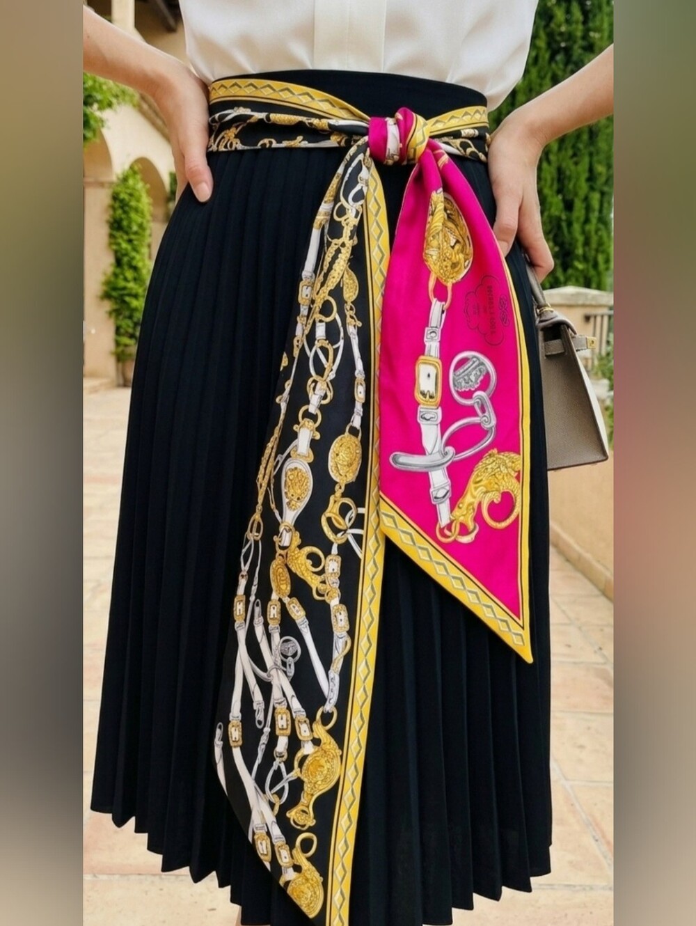 Hermes Silk Brides De Gala Maxi Pink Black Gold Printed Twilly - Picture 7 of 11
